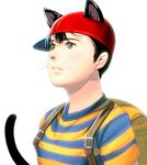  animal_ears aqua_eyes backpack bad_id bad_pixiv_id bag black_hair cat_ears cat_tail commentary male_focus masao mother_(game) mother_2 ness shirt solo striped striped_shirt tail upper_body whiskers 