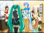  4girls aqua_hair bad_id bad_pixiv_id blonde_hair blue_hair bottle bra brown_hair covering_eyes hatsune_miku headphones kagamine_len kagamine_rin kaito lingerie long_hair megurine_luka meiko midriff multiple_boys multiple_girls navel panties pink_hair short_hair shorts skirt smile spring_onion sweat thighhighs twintails underwear vocaloid you_gonna_get_raped yuuno_(yukioka) zettai_ryouiki 