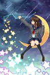  brown_eyes brown_hair cardigan constellation crescent_moon kneehighs long_hair moon night night_sky original retsuna school_uniform serafuku skirt sky socks solo star star_(sky) starry_sky 