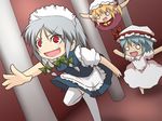  blonde_hair blue_hair chasing chibi dutch_angle fang flandre_scarlet fleeing flying hairband hands hat izayoi_sakuya maid multiple_girls noya_makoto o_o open_mouth outstretched_arm outstretched_arms outstretched_hand pillar reaching red_eyes remilia_scarlet running short_hair silver_hair spread_arms thighhighs touhou upskirt 
