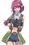  between_breasts blush braid breasts brown_eyes crop_top elf fingerless_gloves gloves iwaya large_breasts lizard md5_mismatch midriff navel original pointy_ears purple_hair shorts solo suspenders tank_top 