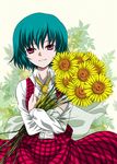  aqua_hair ascot bad_id bad_pixiv_id bouquet flower holding kazami_yuuka mita_soumu plaid plaid_skirt plaid_vest red_eyes short_hair skirt skirt_set smile solo sunflower touhou transparent vest 