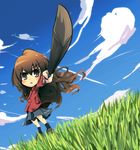  aisaka_taiga bokken brown_eyes brown_hair chibi cloud day dutch_angle fisheye grass left-handed long_hair outdoors outstretched_arm pointing school_uniform short_hair solo standing sword tom_(drpow) toradora! weapon wooden_sword 