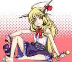  barefoot blonde_hair bow chain eyebrows feet hair_ribbon horns ibuki_suika kyuu_you oni ribbon solo touhou yellow_eyes 