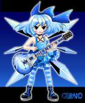 alternate_costume blue_eyes blue_hair bow cirno guitar hair_bow instrument short_hair solo striped striped_legwear takamoto_akisa thighhighs touhou wings 