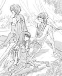  2boys bed bed_sheet c.c. cape code_geass curtains dress greyscale kururugi_suzaku lelouch_lamperouge lineart long_dress long_hair monochrome multiple_boys on_bed sitting sketch touya_(roukaku) very_long_hair 