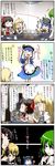  4koma :q ascot bad_id bad_pixiv_id blonde_hair bow braid captain_freedom caramelldansen chopsticks comic dancing eating ecstasy glass green_hair hair_bow hair_tubes hakurei_reimu highres hinanawi_tenshi ice ice_cube kazami_yuuka kirisame_marisa laughing licking licking_lips multiple_girls plaid plaid_vest red_eyes serious side_braid smile tongue tongue_out touhou translated vest yakiniku 