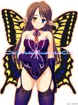  bad_id bad_pixiv_id blush breasts brown_hair butterfly_wings cleavage elbow_gloves fairy garter_belt genshi gloves heterochromia medium_breasts original pointy_ears solo thighhighs wings yellow_wings 
