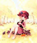  aki_minoriko bare_shoulders barefoot feet food food_themed_clothes fruit grapes leaf persimmon potato shin_(new) solo touhou 