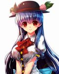  alternate_breast_size blue_hair breasts food fruit hat hinanawi_tenshi large_breasts leaf long_hair looking_at_viewer peach red_eyes ryuuzaki_ichi simple_background smile solo touhou 