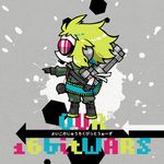  bad_id bad_pixiv_id bokura_no_16bit_warz_(vocaloid) boots chibi gatling_gun goggles gozen4ji green_hair gumi gun headphones headset short_hair smile solo vocaloid weapon 