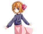  alternate_costume blonde_hair contemporary from_behind hair_ribbon looking_at_viewer looking_back pink_skirt red_eyes ribbon rumia short_hair simple_background skirt solo sweater touhou white_background you_shugyouchuu 