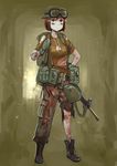  :/ america ammunition_pouch assault_rifle backpack backwards_hat bag bandages blood bloody_clothes boots brown_eyes brown_hair camouflage canteen commentary_request dog_tags erica_(naze1940) facepaint fingerless_gloves gloves goggles goggles_on_head gun hand_on_hip hat highres load_bearing_equipment looking_at_viewer m16a1 midriff military military_uniform original pants pouch rifle shirt short_hair sling soldier solo t-shirt torn_clothes torn_pants torn_shirt uniform vietnam weapon 