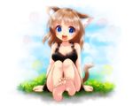  animal_ears barefoot blue_eyes brown_hair cat_ears cat_tail dress feet grass long_hair open_mouth original rokuroubuna sitting smile soles solo tail toes 