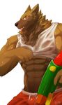  abs anthro biceps canine clothing dog flurry gun male mammal muscles o-ro pecs ranged_weapon red_eyes shirt tank_top tongue water weapon 