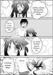  1girl 4koma ^_^ animal_ears blush box cat_ears cat_hair_ornament catstudioinc_(punepuni) closed_eyes comic commentary_request gift gift_box greyscale hair_ornament hairpin half_updo hand_on_another's_head highres imminent_hug jumping midriff moji_(catstudioinc) monochrome original skirt thai translation_request 