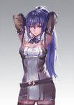  armpits arms_behind_head arms_up belt black_legwear blue_eyes breast_lift breasts brown_gloves cleavage cowboy_shot dress elbow_gloves gloves grey_dress kishiyo large_breasts long_hair looking_at_viewer md5_mismatch pixiv_fantasia pixiv_fantasia_t ponytail purple_hair rei_no_himo revision short_dress sleeveless sleeveless_dress solo thighhighs very_long_hair zettai_ryouiki 