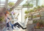  ao_hitomi bird bird_on_hand black_footwear black_legwear blonde_hair blue_eyes book bow detached_sleeves dove drawer flower flower_pot hair_bow indoors jar lantern open_book pantyhose picture_frame pixiv_fantasia pixiv_fantasia_t plant potted_plant shadow shoes short_hair sitting skylight solo sunlight vase window 