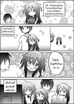  3girls 4koma :t ^_^ ahoge animal_ears around_corner blush cat_ears catstudioinc_(punepuni) closed_eyes comic commentary_request greyscale half_updo hand_on_another's_head highres holding holding_stuffed_animal jealous jitome machiro_(catstudioinc) moji_(catstudioinc) monochrome multiple_girls original puni_(miku_plus) stuffed_animal stuffed_toy thai translation_request two_side_up ||_|| 