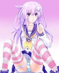  absurdres blush choker d-pad d-pad_hair_ornament hair_ornament highres long_hair nepgear neptune_(series) panties purple_eyes purple_hair shishin_(shishintei) solo striped striped_legwear striped_panties thighhighs underwear 