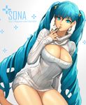  absurdres aqua_hair breasts character_name cleavage cleavage_cutout daeho_cha earrings finger_to_mouth highres jewelry kneeling large_breasts league_of_legends lips long_hair meme_attire nail_polish open-chest_sweater ribbed_sweater solo sona_buvelle sweater thighs turtleneck twintails very_long_hair 