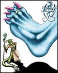  2004 anthro barefoot blue_eyes blue_scales claws clothed clothing dinosaur dragon english_text feet female foot_focus green_scales hybrid jewelry kali male markie open_mouth plain_background reptile ring scalie shadow size_difference snake spots text toe_claws white_background yellow_scales 