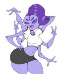  2018 3_fingers 5_eyes 6_arms anthro arachnid arthropod bottomwear breasts clothing fangs female fingers hair hand_behind_head hi_res mehdrawings midriff muffet multi_arm multi_eye multi_limb navel no_pupils non-mammal_breasts open_mouth purple_body purple_hair purple_sclera purple_skin shirt simple_background skirt smile solo spider teeth thick_thighs tongue topwear undertale undertale_(series) white_background 