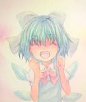  acrylic_paint_(medium) arms_up blue_hair bow cirno closed_eyes dress eyelashes graphite_(medium) hair_bow happy highres ice ice_wings open_mouth short_hair smile solo texture touhou traditional_media upper_body watercolor_(medium) wings yuyu_(00365676) 