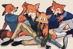  &quot;honest&quot;_john_foulfellow 2018 anthro black_nose br&#039;er_fox canine clothed clothing disney ear_piercing fox fur group hat hi_res hoodie male mammal nick_wilde open_hoodie piercing robin_hood robin_hood_(disney) shirt simple_background song_of_the_south tank_top tattoo uochandayo zootopia 