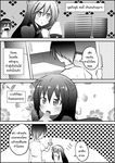  1boy 1girl 4koma :t animal_ears banana bangs blush bowl bowl_stack cat_ears catstudioinc_(punepuni) censored chewing chopsticks comic commentary_request dishes eating erection erection_under_clothes flying_sweatdrops food fruit greyscale heavy_breathing highres monochrome original phallic_symbol puni_(miku_plus) refrigerator rice rice_bowl sexually_suggestive thai translation_request 