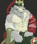  abs anthro biceps canine clothing croiyan fur hi_res male mammal muscular muscular_male nipples pecs simple_background tattoo temujin tokyo_afterschool_summoners video_games wolf 