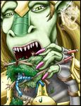  2004 anthro armor blonde_hair blue_scales chopsticks claws clothed clothing dragon duo ear_piercing eating english_text female green_eyes green_scales hair horn imminent_vore jewelry long_hair markie nina open_mouth piercing scalie sharp_teeth size_difference slit_pupils teeth text toe_claws tree vore yellow_eyes 