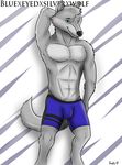  abs anthro arms_behind_head bleu_wolf blue_eyes bulge canine clothed clothing frosted_fur fur grin hair half-dressed looking_at_viewer mammal partially_clothed smile solo standing topless underwear wolf 