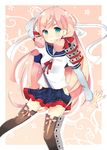  akashi_(kantai_collection) bandana green_eyes hair_ribbon hip_vent kantai_collection kurata_yumi long_hair looking_at_viewer pink_hair ribbon school_uniform serafuku skirt smile solo thighhighs tress_ribbon 