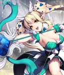  :d blonde_hair bow_(weapon) breasts card_(medium) chaos_online darae heart large_breasts long_hair love_cacao official_art open_mouth pointy_ears smile solo twintails very_long_hair weapon yellow_eyes 