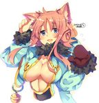  animal_ears blue_dress blue_eyes blush breasts cat_ears cleavage cleavage_cutout dress iroyopon large_breasts long_sleeves looking_at_viewer navel open_mouth original red_hair simple_background smile solo white_background 