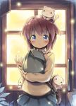  :o aikei_ake animal animal_on_head bag blue_eyes brown_hair cat cat_on_head fireflies hair_flaps holding holding_bag long_sleeves looking_at_viewer on_head original shoulder_bag solo 