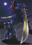  dual_wielding efreet_custom gundam gundam_side_story:_the_blue_destiny looking_back mecha moon night night_sky sky sword weapon 