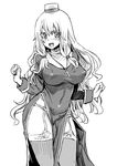  :d asanagi blush breasts covered_nipples cross fang garter_straps greyscale hat large_breasts long_hair long_sleeves monochrome open_mouth panties priest_(ragnarok_online) priestess ragnarok_online side_slit smile solo taut_clothes thighhighs underwear 