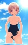  breasts brown_hair competition_school_swimsuit ki_(kk-sk-ray) nipples one-piece_swimsuit original purple_eyes pussy pussy_juice school_swimsuit short_hair small_breasts solo swimsuit swimsuit_aside swimsuit_pull 
