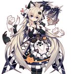  1girl :3 :d =_= animal animal_ear_fluff animal_ears animal_on_head animal_print apron astaroth_(uchi_no_hime-sama) bangs bare_shoulders black_cat black_eyes black_legwear blue_eyes blush blush_stickers breast_grab breasts buckle cat cat_ears cat_hair_ornament cat_on_head cat_print cat_tail center_frills closed_mouth corset cross-laced_clothes detached_sleeves dragon eyebrows_visible_through_hair eyes_visible_through_hair flipped_hair floating flying frilled_apron frills grabbing hair_between_eyes hair_ornament hair_ribbon halterneck hands_together hands_up hanging head_tilt heart interlocked_fingers jumping large_breasts legs_together light_smile long_hair looking_at_viewer maid maid_apron mamuru menu mouth_hold name_tag official_art on_head open_mouth pantyhose paw_print pink_eyes ribbon riding sidelocks silver_hair sleeve_cuffs smile sparkle spoken_heart standing sweatdrop tail translated transparent_background uchi_no_hime-sama_ga_ichiban_kawaii underbust v-shaped_eyebrows very_long_hair waist_apron white_apron white_cat 