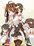  ahoge bare_shoulders black_hair blush brown_hair carrying closed_eyes detached_sleeves double_bun flipped_hair glasses hair_ornament hairband haruna_(kantai_collection) headgear hiei_(kantai_collection) japanese_clothes kanoe_soushi kantai_collection kirishima_(kantai_collection) kongou_(kantai_collection) long_hair multiple_girls no_legwear nontraditional_miko open_mouth piggyback short_hair skirt sleeping smile thighhighs twitter_username younger 