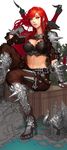  absurdres armor breasts bustier cleavage daeho_cha highres katarina_du_couteau large_breasts league_of_legends long_hair midriff navel pants red_hair scar sitting solo unfinished weapon 