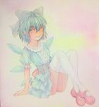  acrylic_paint_(medium) adapted_costume alternate_costume arm_support blue_eyes blue_hair bow cirno collarbone dress frilled_dress frills graphite_(medium) hair_bow ice ice_wings mary_janes shoes short_hair short_sleeves sitting solo thighhighs touhou traditional_media watercolor_(medium) white_legwear wings yuyu_(00365676) 