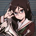  adjusting_eyewear black_hair blue_eyes euphonium glasses green_neckwear hibike!_euphonium ilya_kuvshinov instrument long_hair neckerchief over-rim_eyewear red-framed_eyewear school_uniform semi-rimless_eyewear serafuku solo tanaka_asuka 