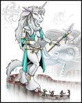  2004 anthro armor blood breasts clothed clothing death equine female fetlock fur gore hair hooves horn horse human jewelry long_hair looking_down mammal markie plain_background polearm sculpture shield skimpy staff statue stomping sword unicorn weapon white_background white_eyes white_fur white_hair 