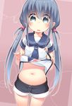  blue_hair character_request low_twintails navel paint school_uniform serafuku shorts stomach twintails 