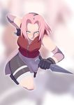  alternate_breast_size arm_sleeves bare_shoulders bike_shorts black_boots black_gloves blush boots breasts collarbone dual_wielding gloves green_eyes green_hair haruno_sakura headband holding holding_weapon holster konohagakure_symbol kunai lips looking_at_viewer naruto naruto_shippuuden open_toe_shoes parted_lips pink_hair red_shirt shirt shoes short_hair shorts shorts_under_skirt side_slit sleeveless sleeveless_shirt smile solo thigh_holster thigh_strap tovio_rogers weapon zipper 