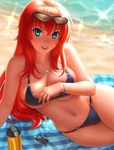  beach bikini blue_eyes bracelet breasts cleavage digital_media_player eyewear_on_head high_school_dxd highres jewelry large_breasts long_hair navel necklace ocean outdoors red_hair rias_gremory seeker_(shzyu) smile solo sunglasses swimsuit underboob water 