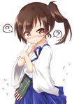 ? blue_skirt blush brown_eyes brown_hair closed_mouth food food_on_face highres japanese_clothes kaga_(kantai_collection) kantai_collection kisa_(k_isa) nose_blush pleated_skirt ponytail rice rice_on_face short_hair side_ponytail simple_background skirt solo spoken_question_mark white_background younger 